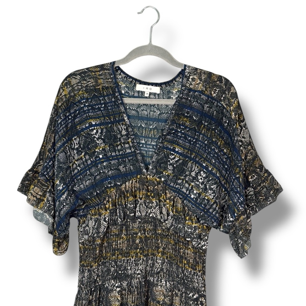 IRO‎ Dress 36 Tulsa Printed Silk Tiered Mini Snake Print Smocked Ruffle Green - Picture 3 of 8